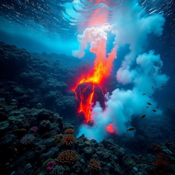 A stunning underwater scene featuring a volcano erupting, surrounded by vibrant coral reefs and schools of fish.