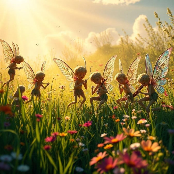 Immerse yourself in a whimsical world with this captivating desktop wallpaper, featuring a lively gathering of fairies amidst a vibrant field of wildflowers.