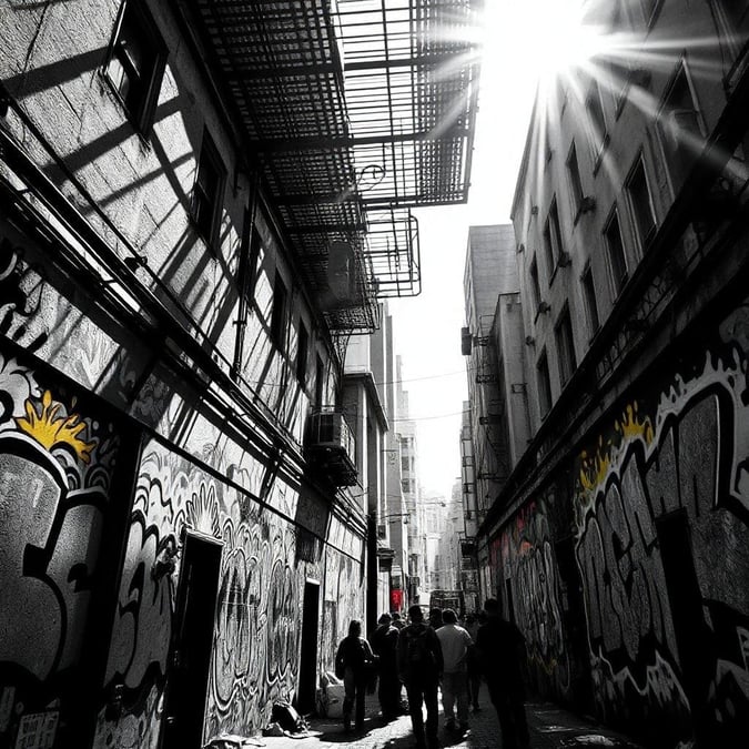 A black and white snapshot of an alley in the heart of an urban area, with graffiti-covered walls adding a vibrant touch to the scene.