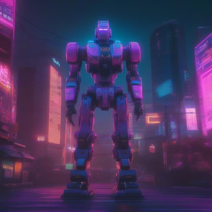 Immerse yourself in the vibrant world of neon and cyberpunk with this stunning robot wallpaper.