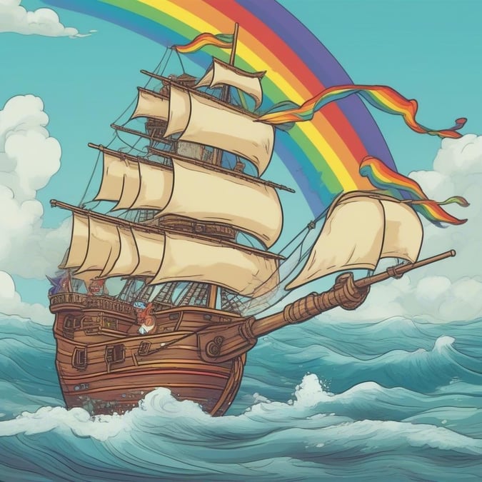 This wallpaper image features a ship sailing through the sea with a rainbow in the background. The ship is depicted in a cartoon style, with a brown hull and white sails. The rainbow adds a pop of color to the image, creating a visually appealing contrast with the blue sea and sky.