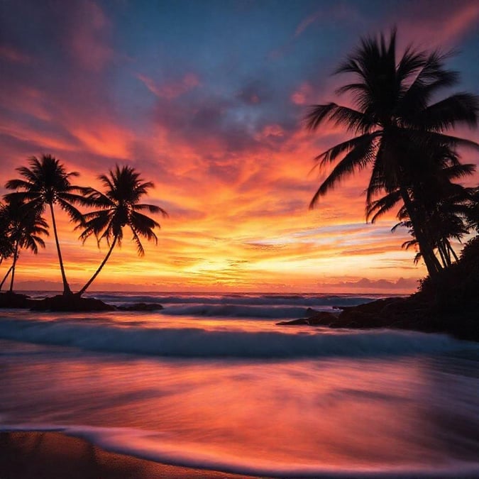 Experience the serenity of a tropical beach at sunset with swaying palm trees, gentle waves, and vibrant colors.