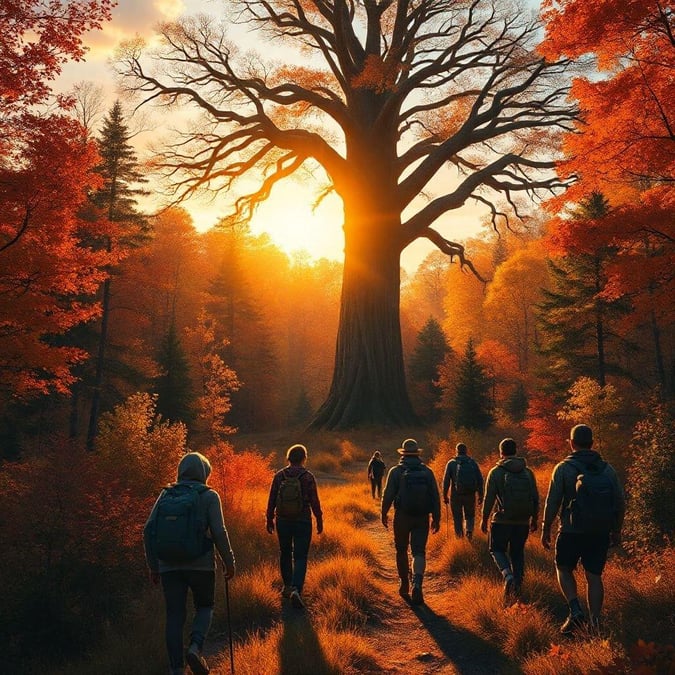 Exploring a beautiful forest path during autumn with friends. The vibrant leaves add a festive touch to the hike.