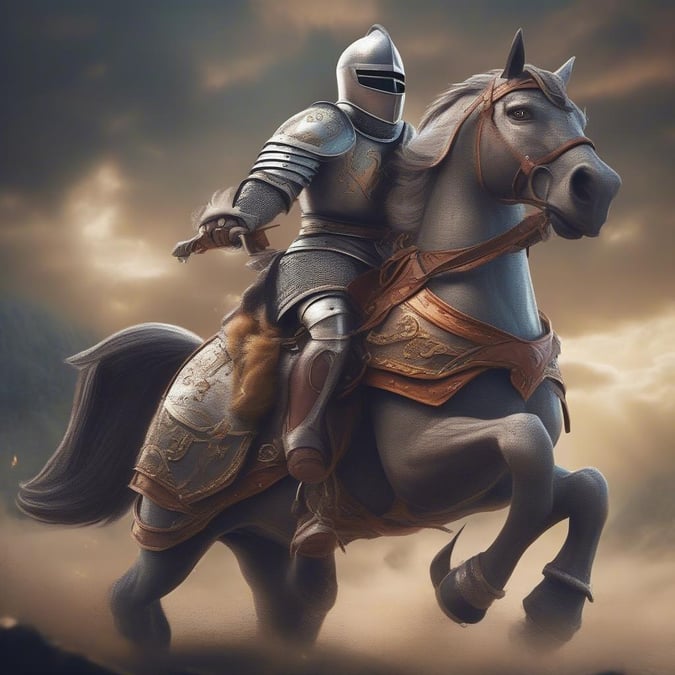 A knight in full armor rides a horse with the sky as his backdrop. A classic scene from medieval folklore, this image is part of the 'Cartoon Favorites' collection.