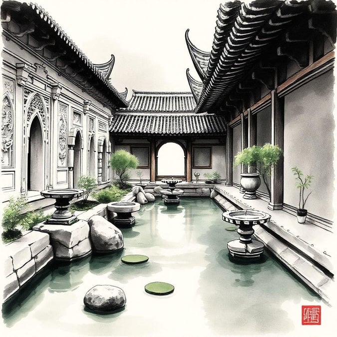 A serene traditional Chinese pavilion overlooking a tranquil pond with a bamboo fence, reflecting the beauty and simplicity of East Asian design.