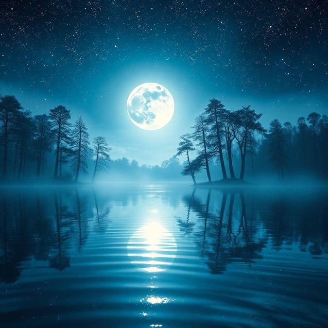 This 3D art wallpaper captures the serene beauty of a moonlit forest, with the full moon casting a silver glow over the trees and a lake in the background. The image is perfect for those who love nature and tranquility.