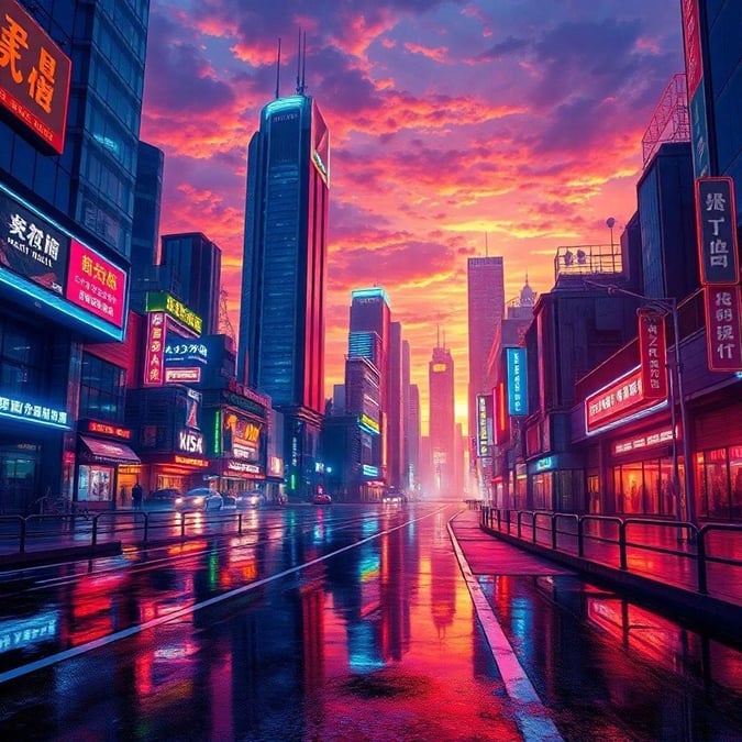 Gün batımında, ıslak bir sokakta neon ışık yansımaları ve modern ile geleneksel unsurların karışımını içeren etkileyici bir anime esintili şehir manzarası.