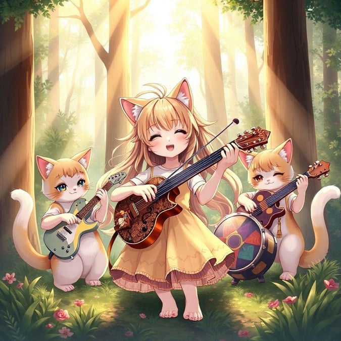 This enchanting anime illustration features a group of cute cat girls playing musical instruments in a forest, with a warm and cozy atmosphere.