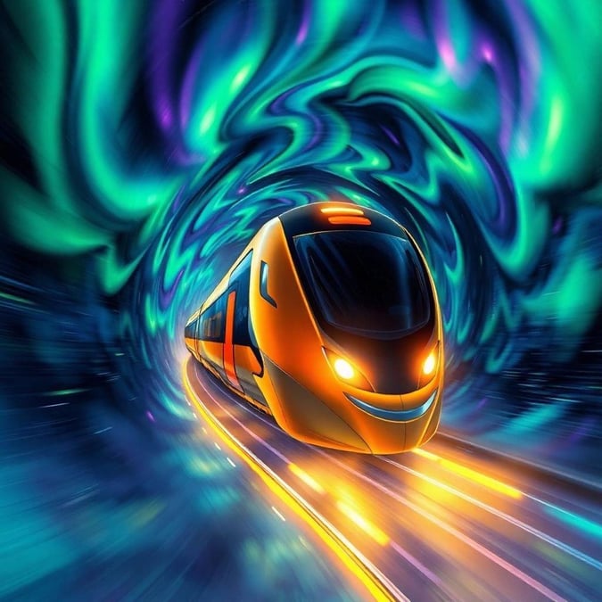 Experience the thrill of a futuristic train speeding through a tunnel of swirling aurora lights. This dynamic and energetic scene showcases the train's sleek design and bright yellow and orange lights against a dark background, highlighting the intricate patterns of the aurora lights.