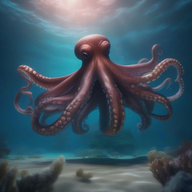 This stunning wallpaper features an octopus swimming in the ocean, with the sun shining down on it. The image is perfect for anyone who loves the ocean and its creatures.