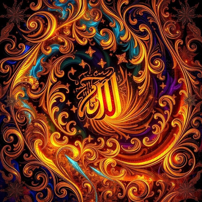 Celebrate Ramadan and Eid with this beautiful, high-resolution digital artwork. The intricate swirling patterns in gold and deep blue give a mystical feel to the Islamic calligraphy centerpiece, making it perfect for your desktop or mobile device. Suitable for all ages.