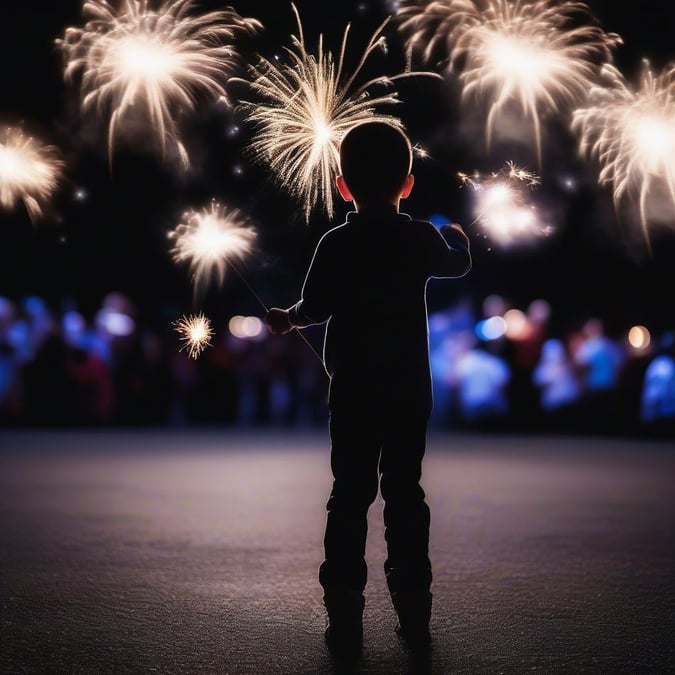 The young boy in the center of this festive scene is waving sparklers to celebrate Independence Day. The crowd around him is bathed in the warm glow of fireworks, creating a joyful atmosphere. This image captures the essence of unity and patriotism on such an important day.