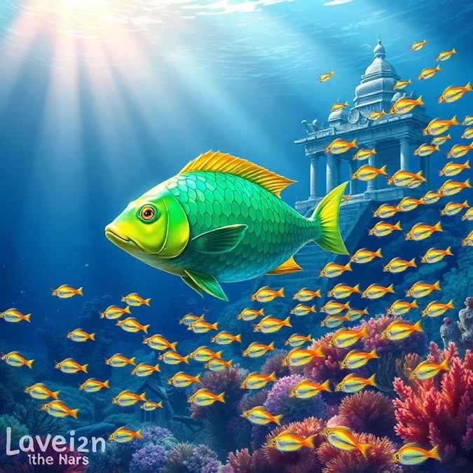 This stunning wallpaper features a vibrant green and yellow fish swimming past an ancient temple, set against a deep blue background. The image captures a moment of tranquility, with a large group of iridescent fish adding a sense of movement.