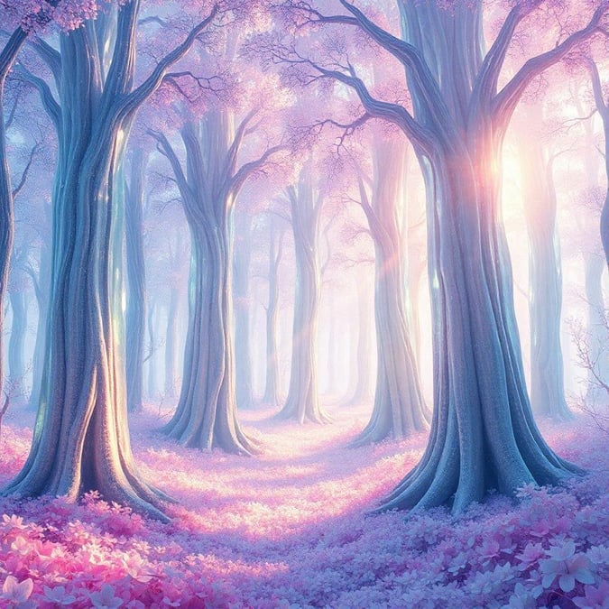 Wander into an ethereal woodland path, where the sunlight filters through the leaves and petals, painting a dreamy path with hues of pink and purple.