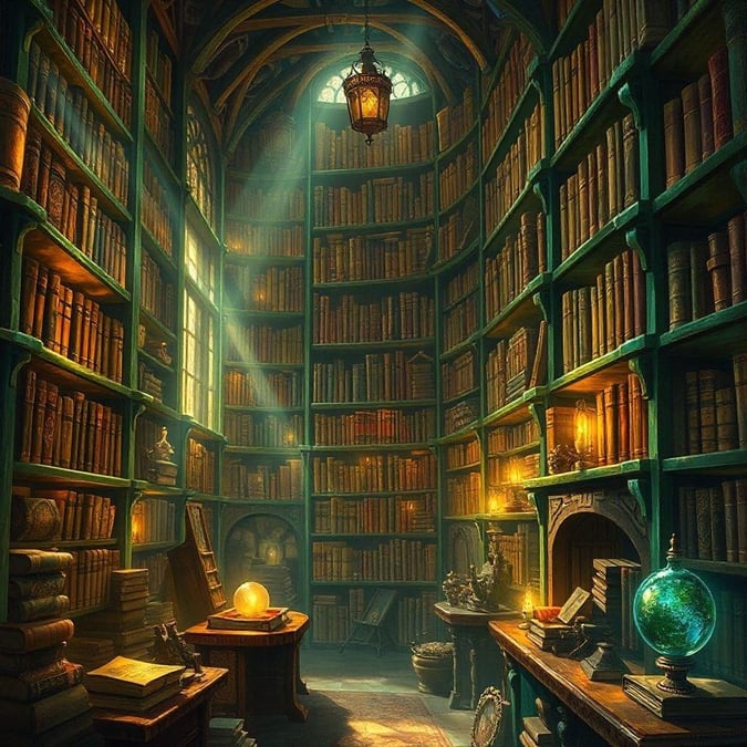 Step into the mystical world of a library filled with books that are said to hold knowledge beyond human understanding, and possibly even magic. The setting is rich in detail, evoking a sense of wonder and the promise of discovering ancient secrets.