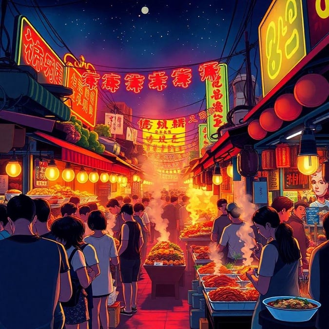 A lively night market bustling with activity. Shopkeepers are busy selling their goods, while shoppers roam the stalls. The atmosphere is vibrant and colorful, reflecting the energy of the city.