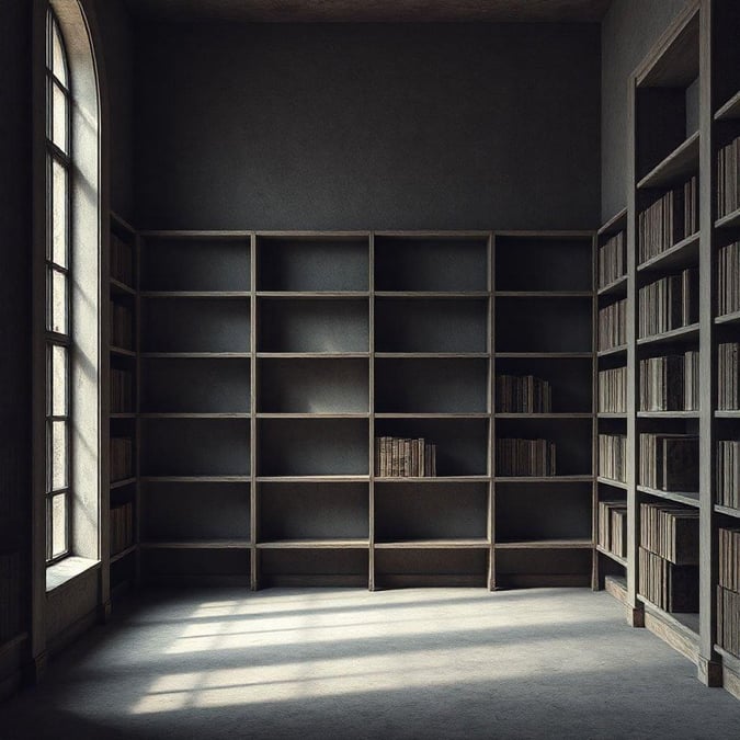 An old, dusty library with bookshelves full of empty shelves, the silence echoes stories from times gone by.