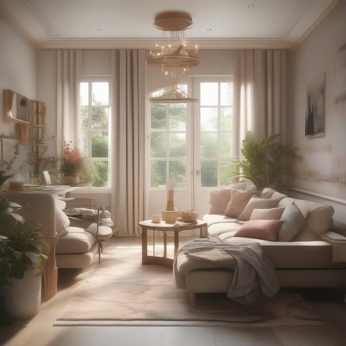 A warm and inviting home decor image perfect for Mother's Day, featuring a beautiful living room with a cozy atmosphere.