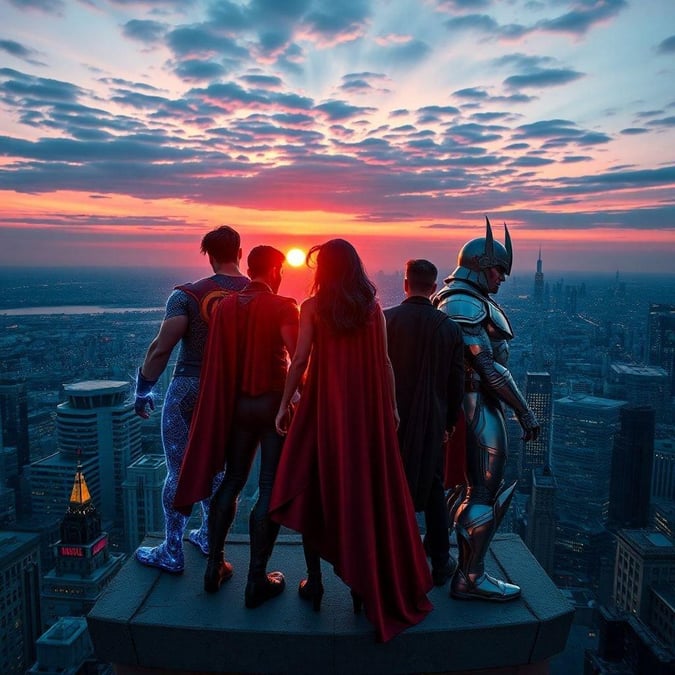 Quatro heróis lendários de quadrinhos se reúnem no topo de uma torre enquanto o sol se põe, com vista para o horizonte da cidade. Os vigilantes se reuniram.