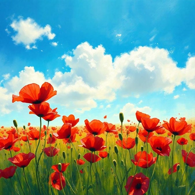 A beautiful sunny day with poppy flowers blooming, creating a vivid display of red against the clear sky.