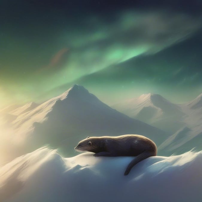 A stunning image of a sea lion lying on a snow-covered mountain peak, surrounded by majestic mountains and a brilliant blue sky.