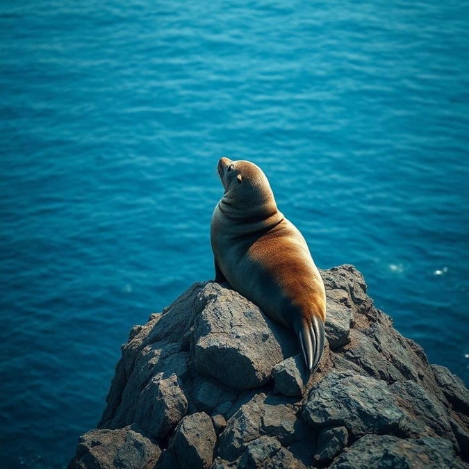 A serene scene of a seal sitting on a rocky outcropping, gazing out at the vast expanse of the ocean.