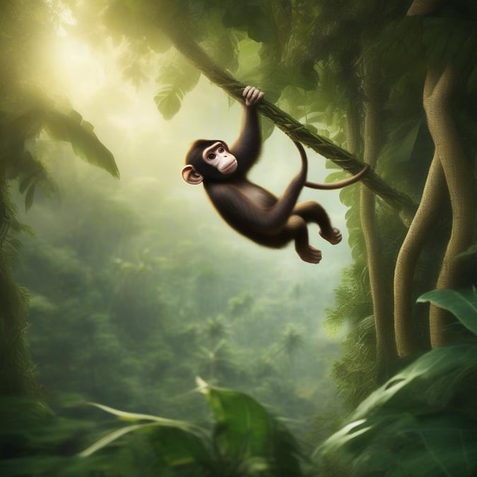 In this jungle scene, our monkey friend is enjoying a leisurely moment hanging from a branch. The misty backdrop gives it an air of mystery and adventure. This image makes for a great wallpaper to bring a touch of wildness into your desktop or mobile device.