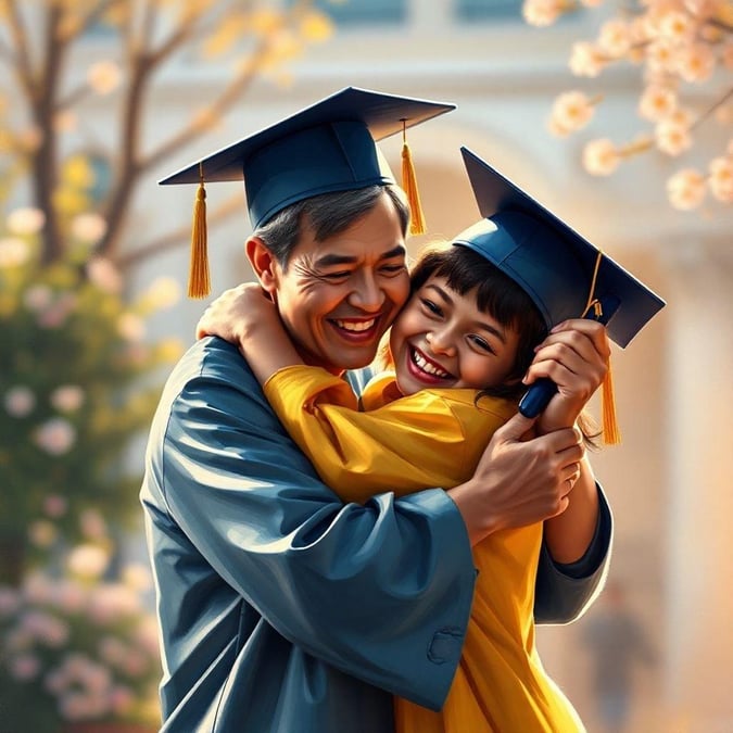 A heartwarming moment of accomplishment as father and daughter celebrate graduation day.