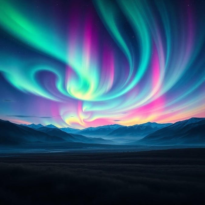 This breathtaking scene captures the mesmerizing auroras painting the night sky above a serene mountain landscape.