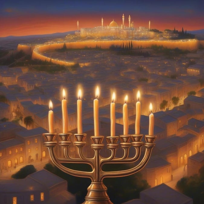 Experience the magic of Hanukkah in Jerusalem, where the city's rich history and culture come alive during this special holiday season. The image captures the essence of the festival, with the menorah shining brightly in the foreground and the majestic Dome of the Rock in the background, symbolizing the city's enduring spirit and resilience.