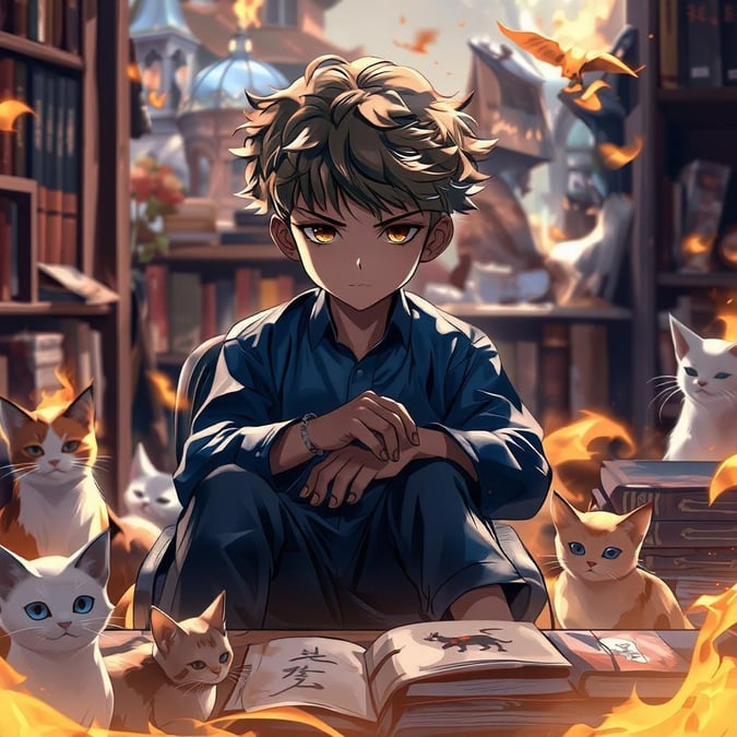 In this enchanting scene, a young boy in a blue shirt and black pants finds solace among his feline friends. Surrounded by an array of books and magical cats, he embarks on a journey through the pages of fantasy and imagination.