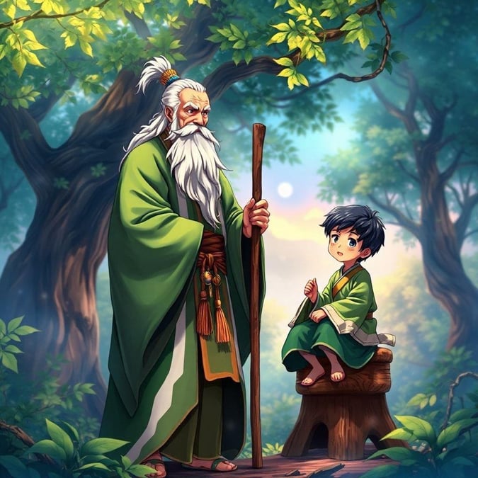 This captivating wallpaper features a wise old man and his young apprentice in a serene forest setting, exuding an anime-like atmosphere.