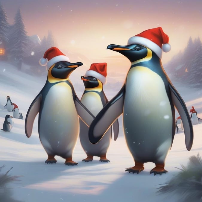 Get into the holiday spirit with this adorable wallpaper featuring penguins in Santa hats, surrounded by a serene winter wonderland.