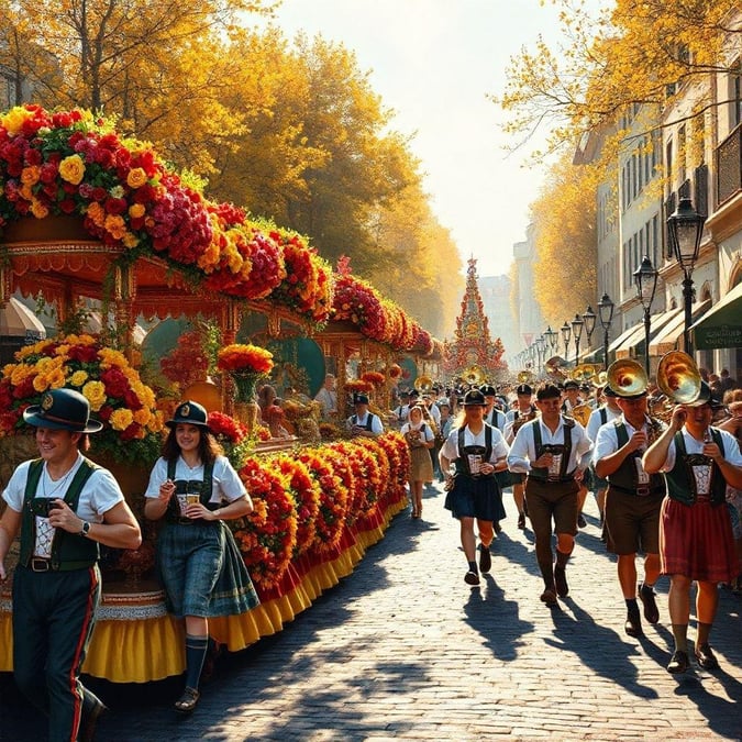 A lively scene at the Munich Oktoberfest, featuring vibrant floats adorned with flowers and locals dressed in traditional attire.