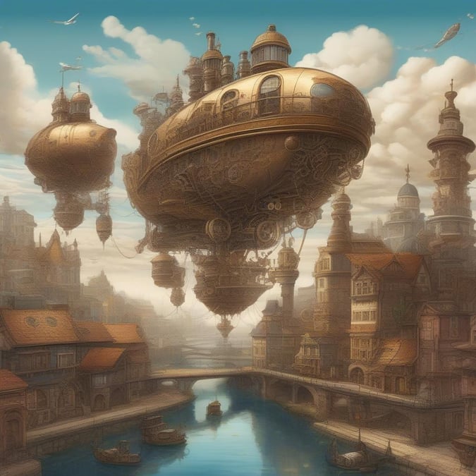 Plongez-vous dans ce magnifique fond d'écran de paysage urbain steampunk, mettant en avant des engrenages mécaniques complexes et des dirigeables majestueux.