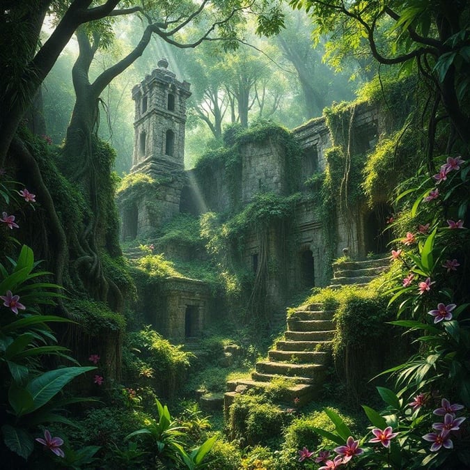 Mysterious jungle ruins, an ancient temple hidden among the vines, with a stairway leading up to explore this lost civilization.