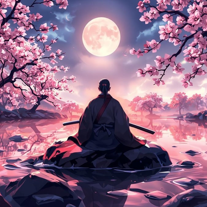 A captivating anime wallpaper featuring a samurai in deep contemplation, surrounded by the beauty of nature.