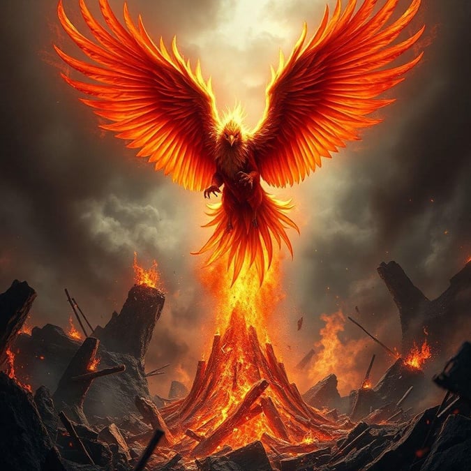 A majestic phoenix rises from the ashes, symbolizing rebirth and resilience in this stunning fantasy wallpaper.