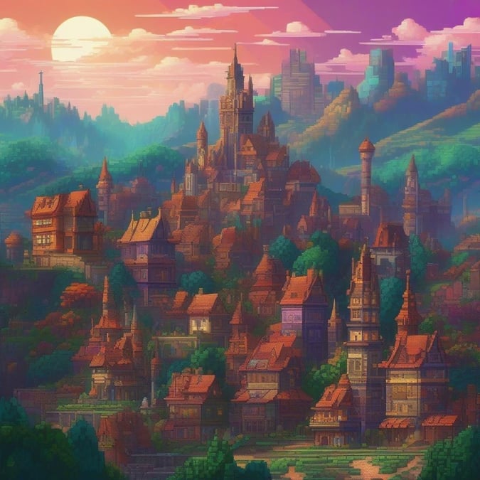 This enchanting scene captures a quaint town perched on the edge of a cliff, bathed in the warm glow of sunset. The buildings, with their steep roofs and stone walls, are reminiscent of medieval architecture, creating an atmosphere of ancient mystery.