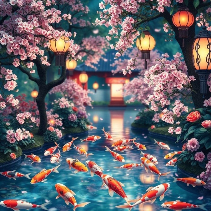 Immerse yourself in the tranquil beauty of this Anime garden wallpaper, where colorful koi fish and glowing lanterns create a serene atmosphere.