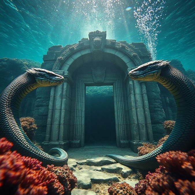 Discover the wonders beneath the sea through this magical stone archway. Amidst vibrant coral reefs, two majestic seahorses greet you on your underwater adventure.