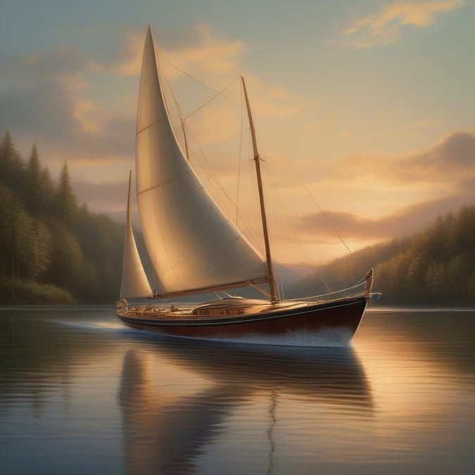 A serene scene of a sailboat gliding across a calm lake at sunset, with the tranquil backdrop of mountains.