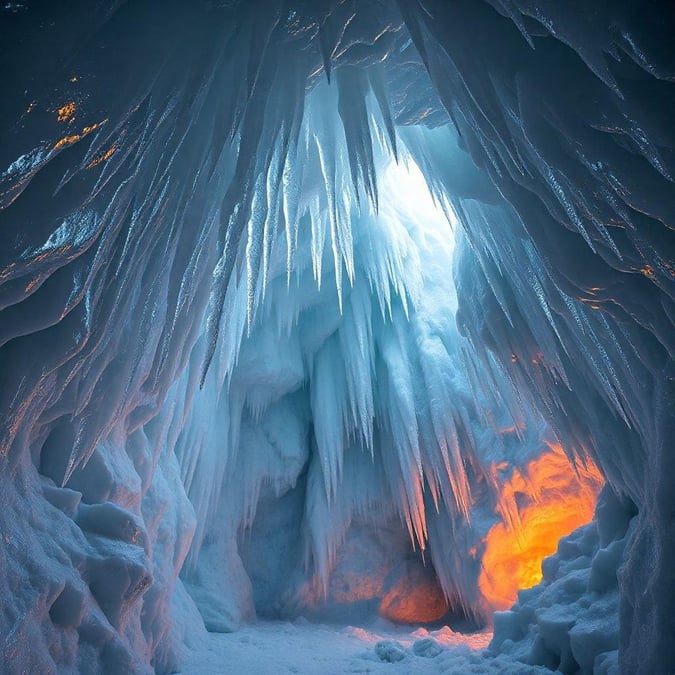 This stunning wallpaper features an icy cave with icicles hanging from the ceiling, illuminated by a warm light in the background.