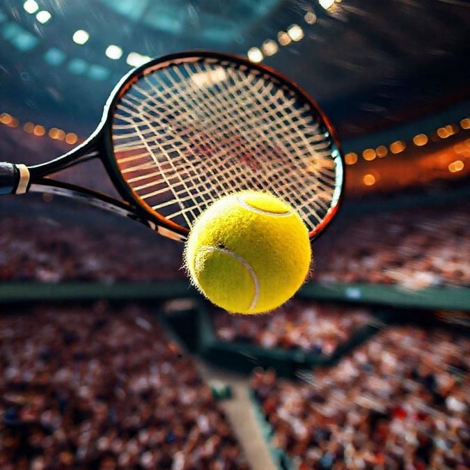 The anticipation of the serve as the ball rises to meet the racket. A dynamic moment in the sport of tennis.