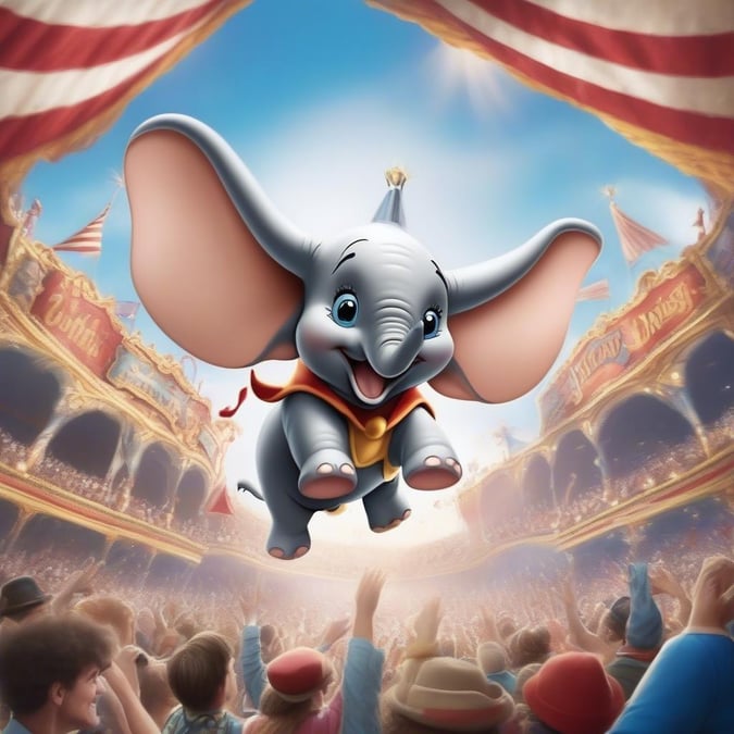 Dumbo the flying elephant takes center stage in this captivating wallpaper, showcasing his iconic red collar and yellow buttons. The vibrant colors and whimsical design make for a delightful desktop or mobile background.