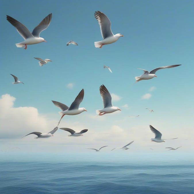 This stunning wallpaper features a serene scene of seagulls soaring over the ocean, capturing the beauty of nature.