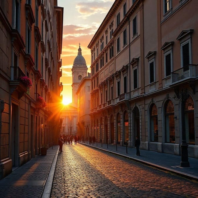 The city of Rome is known for its stunning architecture and rich history. This image captures the beauty of the city during sunset, with the warm glow of the sun casting a golden light on the buildings and streets.