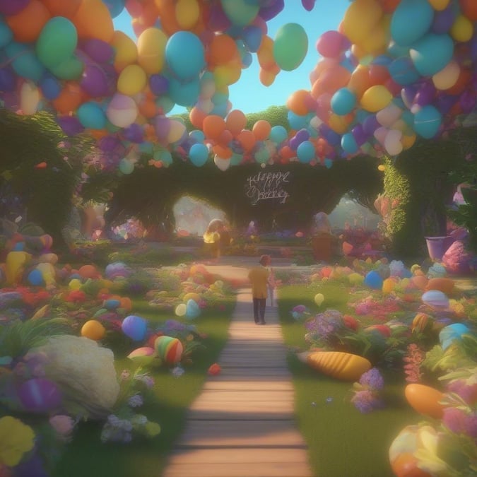 A heartwarming scene of a person walking down a path surrounded by balloons and greenery, perfect for Father's Day.