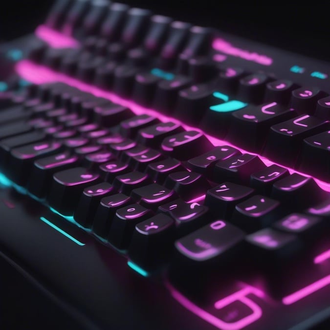 A cutting-edge gaming keyboard with neon lights and a sleek black design, perfect for both desktop and mobile use.