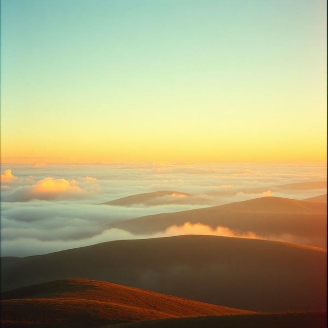 This tranquil scene captures the soft glow of a sunrise over rolling hills, where wispy clouds meet the horizon. A serene landscape for desktop or mobile wallpaper.